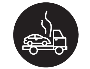 Towing icon with a damaged car on the trailer with fumes coming from the engine